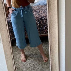 Wide Leg Cropped Chambray Paper Bag Pant